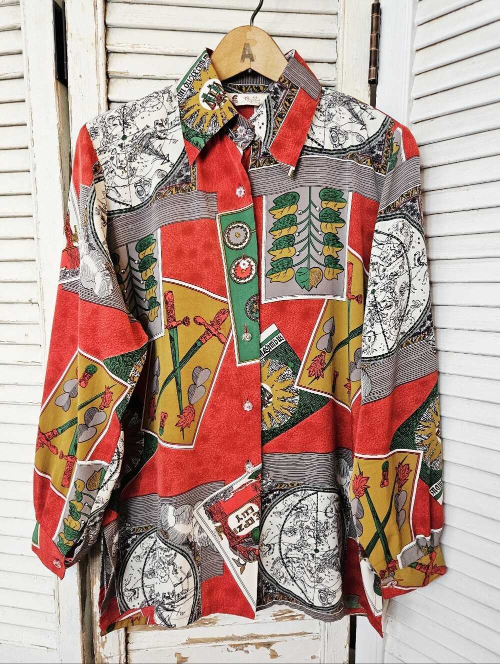 Vintage 80s Red Green & Gold Patterned Blouse Old Money Mob Wife Medium/Large